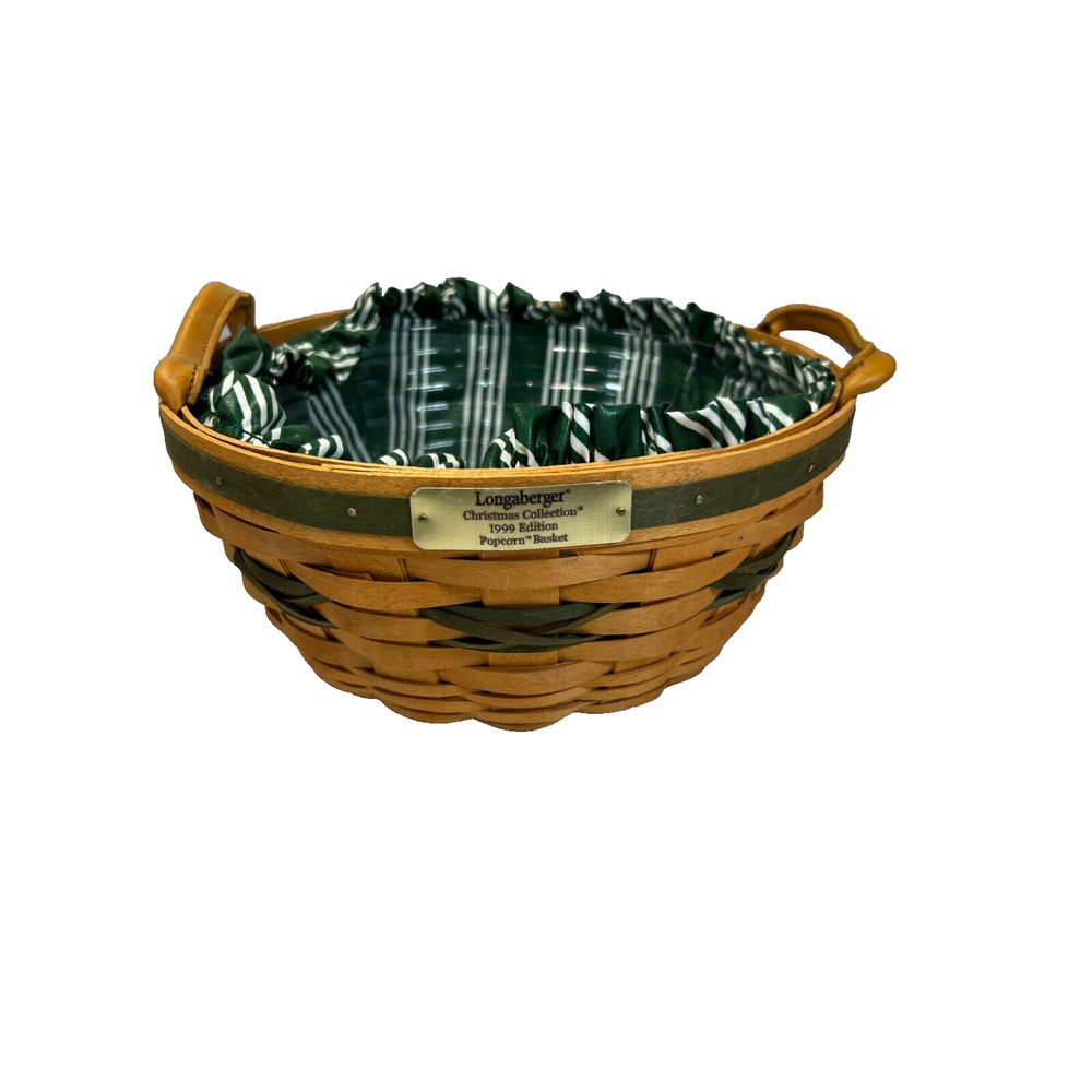 1999 Longaberger Christmas Collection Popcorn Basket w/Green Liner & Protector